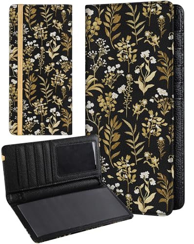 Image of Slohif Checkbook Cover for Personal Duplicate Checks - Women Check Cover Book Wallet Holder Green Leaves White Flowers Faux Leather Top Side Tear