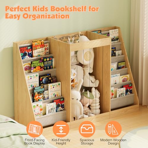 Image of NACHES Montessori Kids Bookshelf with Toy Storage, Extra Book Display Shelves for Toddlers, Front-Facing Book Organizer for Nursery Playroom Bedroom (Natural Wood)