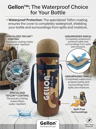 Image of Gellon Zip Bottle Cover In Teflon Coating Polyester Cloth For 750 ML, 1 L to 1.5 Litre Water Proof Drawstring Closer For Travel, Hiking, Office & School Kids In Military 1 Pattern