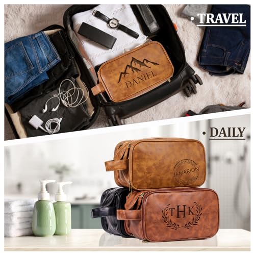 Personalized Leather Toiletry Bag for Men - Double Layer Reinforced Handle,Large Water Resistant Shaving Dopp Kit,Travel Essential,Wedding Groomsmen Gift3