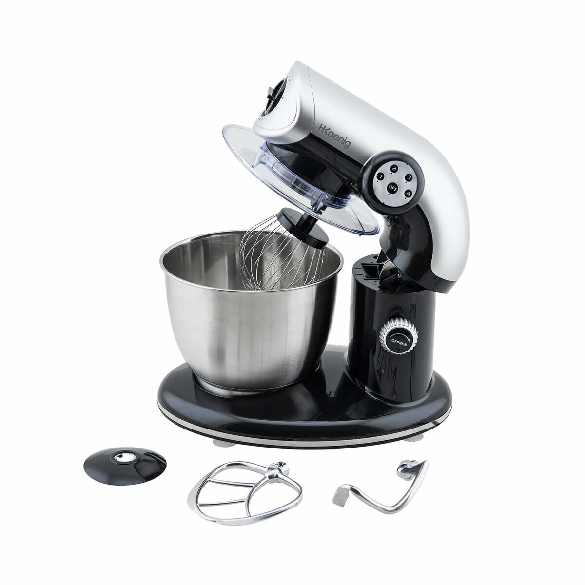 H.Koenig Robot Pétrin Professionnel Multifonctions KM80 5.5L Noir Puissant 1000W, Robot Cuisine Pâtissier Pétrin 4 vitesses, Fouet, Batteur, Crochet, Pétrisseur, Couvercle anti-éclaboussure