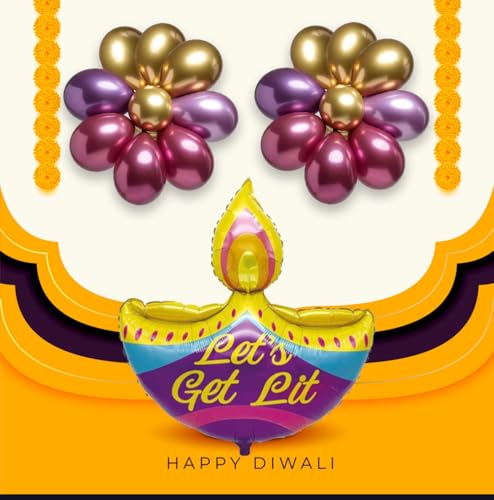 Image of AMFIN (Pack of 19) Happy Diwali Diya Shape Foil Balloon with Chrome Balloons - Multi