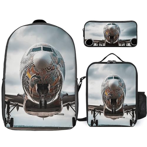 3 Piece Backpack for Women Men Lightweight Causal Daypack Shoulder Bag Set with Insulated Lunch Bag And Pencil Case Organizers Airplane Art