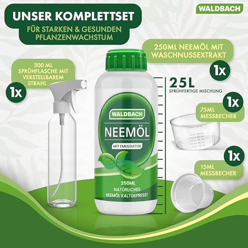 WALDBACH® Neemöl mit Emulgator [250ml] - Natürliches Neemöl für Pflanzen mit Sprühflasche und Messbecher - 25 Liter sprühfertige Mischung - Effektive Pflanzenpflege für Garten- & Zimmerpflanzen