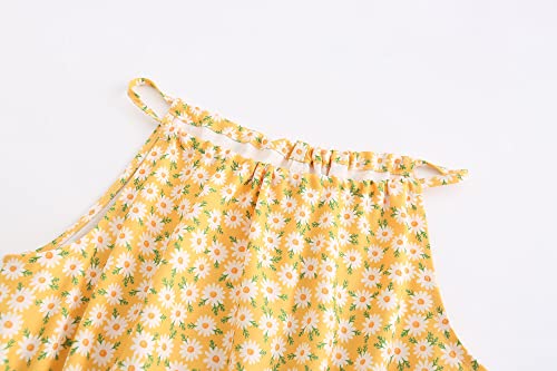 HILEELANG Little Girls Summer Hawaiian Dress Slip Spaghetti Strap Cold Shoulder Sleeveless Yellow Daisy Floral A-line Beach Sundress 5T4