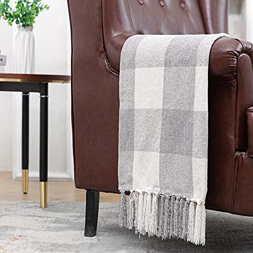 Grey White Buffalo Plaid Decor Blanket, Lightweight Soft Chenille Check Knitted Rustic Farmhouse Throw With Tassels For Couch Sofa Chair Bed Office Home, Gray And Ivory, 50" X 60" #TOP3