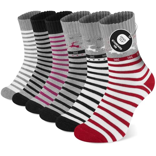 Niorasen 6 Pares Calcetines Térmicos Mujer Invierno, Gruesos Cálidos y Suaves Calcetines de Algodón Diseños Divertidos y Coloridos Regalo con Interior Afelpado Surtido Navideño 35-38