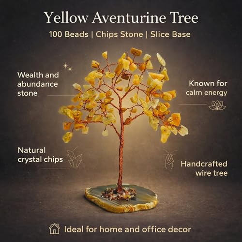 Image of REMEDYWALA Charged Energized Yellow Aventurine Crystal Tree with Agate Slice Base for Reiki Healing Yellow Aventurine Stones Crystal Tree 100 Beads