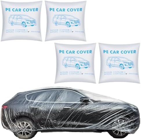 4 Pack Clear Plastic Car Cover, Disposable Car Covers Universal Vehicle Rain Dust Garage Cover Cars Protective Covers with Elastic Band Medium for Sedan Outdoor Snow Rain Weather(15.7FT x 24.6FT)