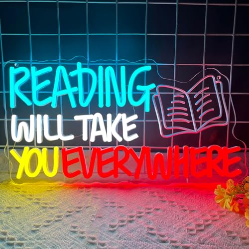 Image of Read Neon Sign Reading Will Take You Everywhere Neon Signs, Read Books Neon Light for Wall Decor, Dimmable Student LED Neon Light Up Sign for Classroom Bedroom Bookstore Library Study Room Decoration Kids Presents