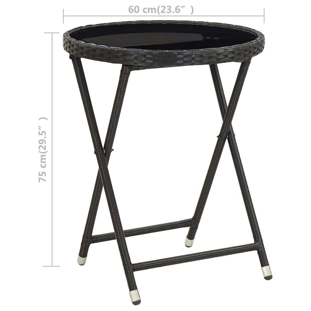 Stół balkonowy, do użytku na zewnątrz, stół ogrodowy, stolik pomocniczy, czarny, 60 cm, polirattanowy i szkło hartowane, do trawników, ogrodów, tarasów