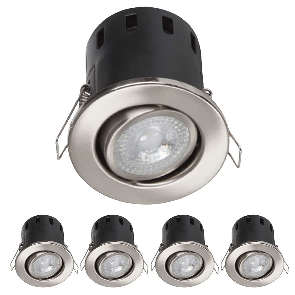 5X GU10 LED Adjustable Fire Rated Tilt Angle Multi Way Light Direction Ceiling Recessed Downlight Spotlight Fitting (Brushed Chrome - Warm White)