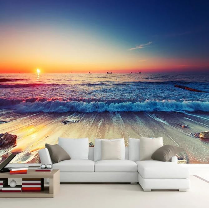 Papier peint panoramique mer et coucher de soleil 3D pour salon 300x210 cm