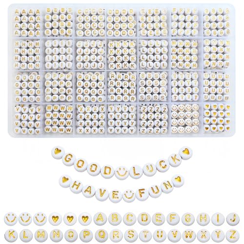 Looconi 1400pcs Letter Beads Gold Alphabet A-Z and Smiley Heart Beads White Acrylic for Jewelry Making Bracelet