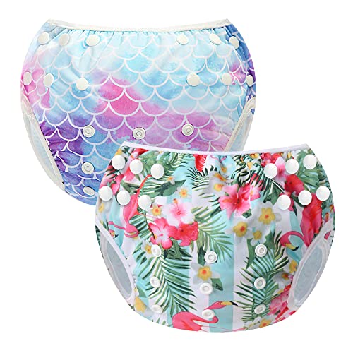 MIXIDON Pañal de natación para bebé reutilizable ajustable lavable pantalones de natación pañales de tela impermeables talla única bañador para niños de 0 a 3 años Flamenco + Sirena Cover
