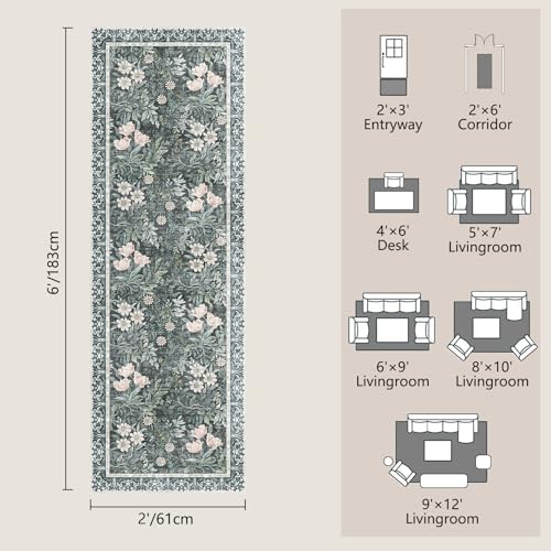 Image of Non Slip Vintage Floral with Ornate Border Hallway Runner Rug - Long Runner Rugs 2x6 Washable Kitchen Floor Mat, Laundry Room Rug, Bathroom Runner
