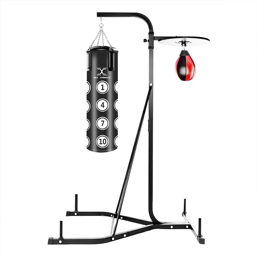 MAXSTRENGTH Wolnostojący stojak bokserski z platformą Speedball, regulowana rama do worków bokserskich 0,9 m / 1,2 m i treningu Speed Ball
