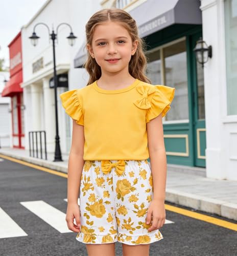 Image of Barlver Girls 2 Piece Short Set Baby Girl Summer Clothes Ruffle Sleeve T-Shirt and Bow Knot Shorts Toddler Girl Outfit Set