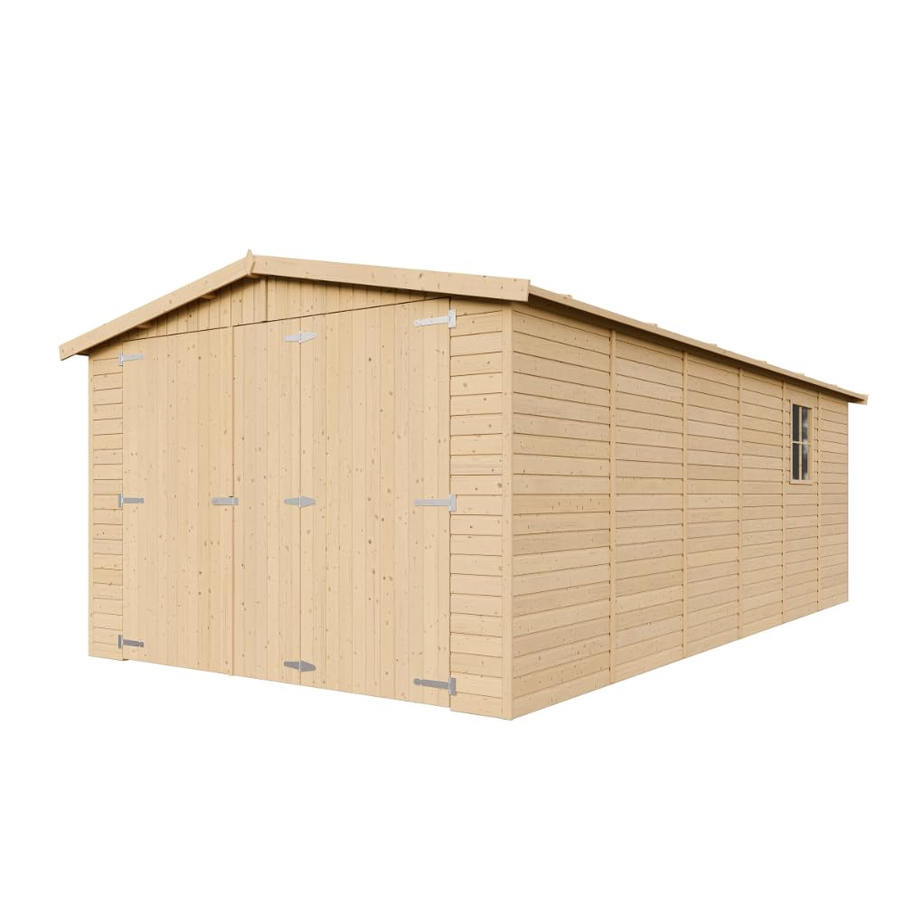 Garaje de Madera Natural - cobertizo en Pino/Abeto - A222x616x324 cm / 18 m² - Construcción Paneles - Taller de jardinería - Almacén de automóviles, cobertizo para Herramientas-TIMBELA M102