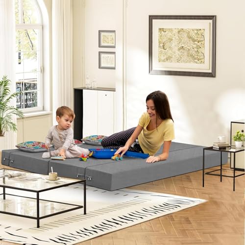 Image of Rosebell Foldable 4 Seater Sofa Cum Bed, Sofa Bed 6 X 6 Feet, Jute Fabric- Washable Cover- Including Four Cushion Perfect for Home & Office, Guest Room - Grey