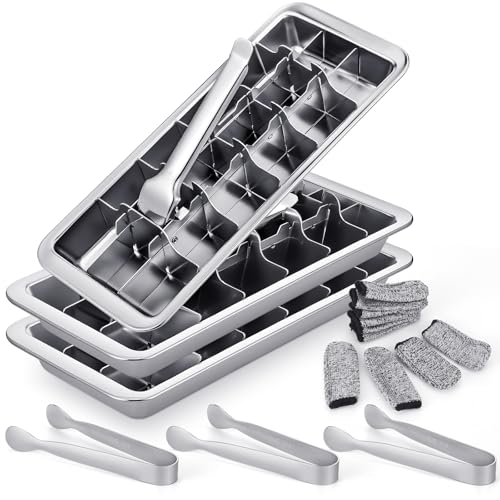 Image of 3 Set Stainless Steel Ice Cube Tray 18 Slot Metal Ice Maker Freezer Molds with Lever Tweezers Finger Gloves for Food Juice Bars Kitchens Freezer