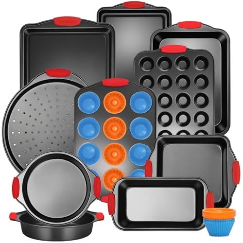 Baking Pans Set with Silicone Handles, 34 PCS Nonstick Bakeware S...