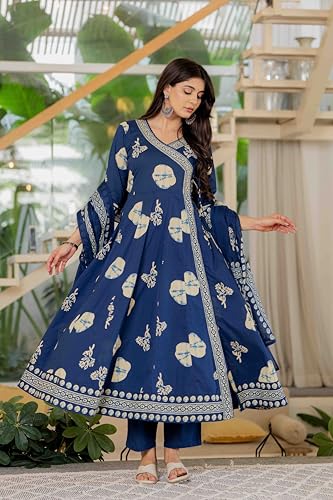 Image of Pistaa's Women's Pure Cotton Anarkali Floral Printed Hand Work Kurta with Pant & Dupatta Set