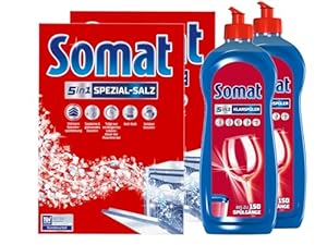 Somat 5in1 Spülmaschinenpflegeset – 2 x Spezial-Salz (1,  kg) & 2 x Klarspüler (750 ml) – Effektive Reinigung, Extra-Trocken-Effekt & Schutz für Ihren Geschirrspüler