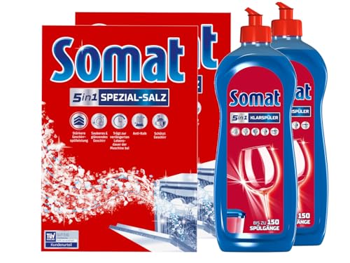 Somat 5in1 Spülmaschinenpflegeset – 2 x Spezial-Salz (1,2 kg) & 2 x Klarspüler (750 ml) – Effektive Reinigung, Extra-Trocken-Effekt & Schutz für Ihren Geschirrspüler