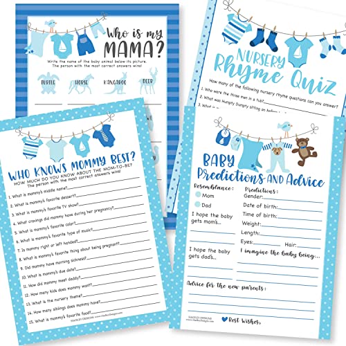 Jeux baby shower garçon bleu - Pack 50 cartes de fête prénatale maman
