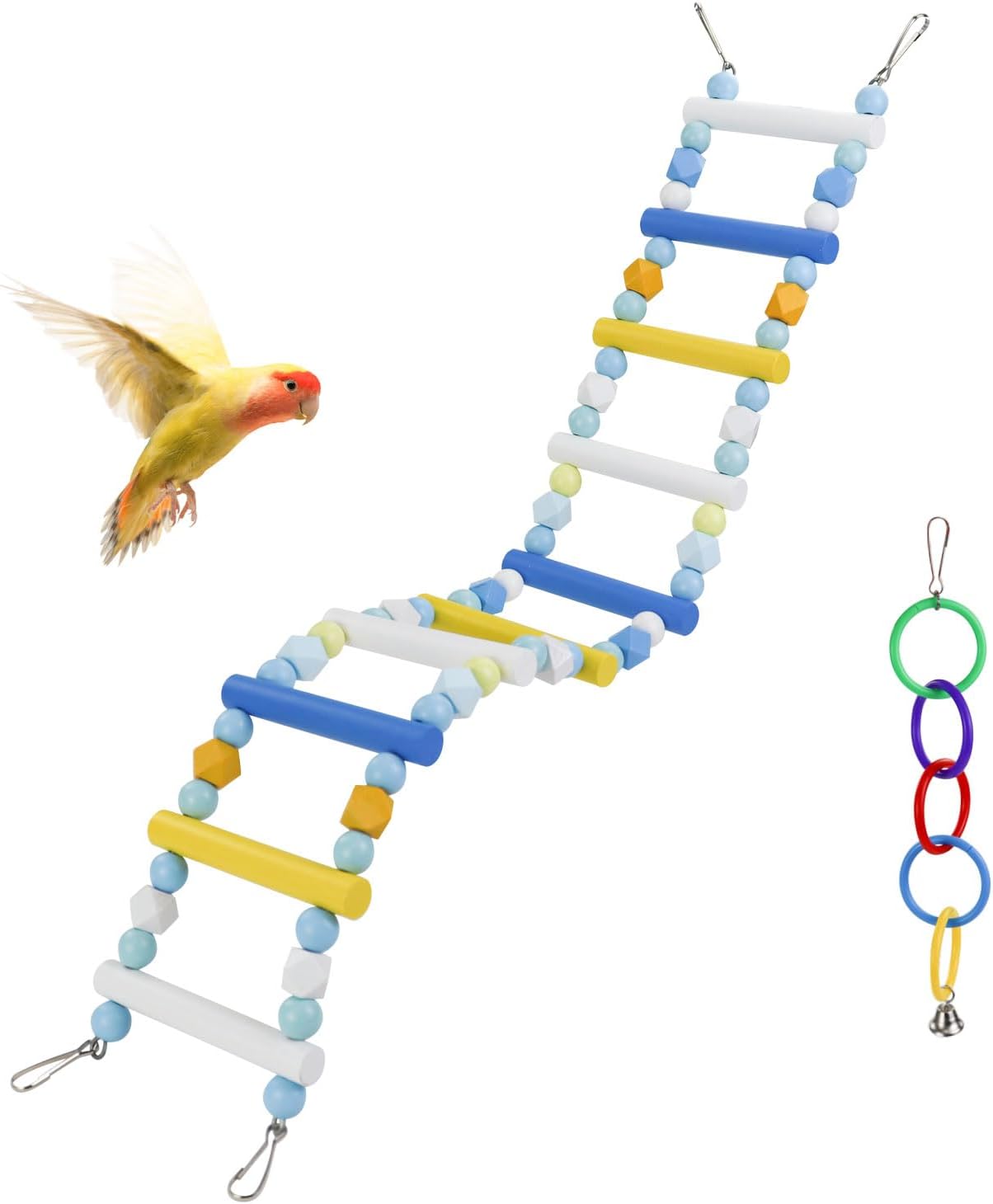 WishLotus Climbing Ladder and Five Colored Ring Bird-Toys, 2 PCS Up and Down Parrot Toys, Bird Cage Toys for Budgerigar, Red-Billed Leiothrix (Blue+Yellow)