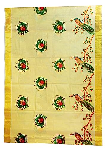 Image of Women's Mural Printed Kerala Gold Tissue Saree with Running Blouse Piece | Traditional South Indian Ethnic Saree for Festivals, Weddings & Special Occasions