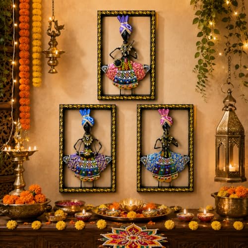 Image of iHandikart Tribal Musician Metal Wall Art Set of 3 | Rajasthani Folk Musician Wall Sculpture | Decorative Iron Wall Hanging for Living Room, Bedroom, Hallway & Office | 11.5 x 8 Inch Each