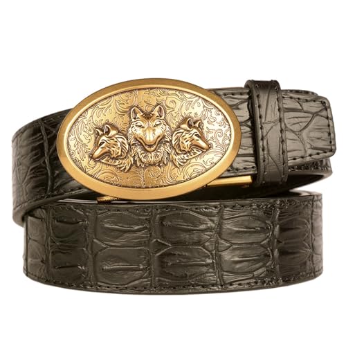 Slide Ratchet Belt With Gold Wolf Buckle - Western Cowboy Crocodile Embossed Leather Strap For Jeans