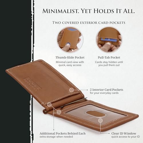 Image of ROGUE WALLET Genuine Leather Minimalist Wallets - RFID Blocking with Money Clip - Interior & Exterior Card Pockets & More - Gift for Men (Tan)