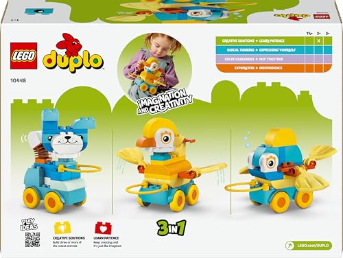 LEGO Duplo Ma Ville Animaux sur Roues 3-en-1 - Jeu Éducatif pour La Construction - Jouets Canard, Poisson, Chien en Briques avec Roues Et Poignée - Cadeau pour Fille Ou Garçon Dès 2 Ans 10448