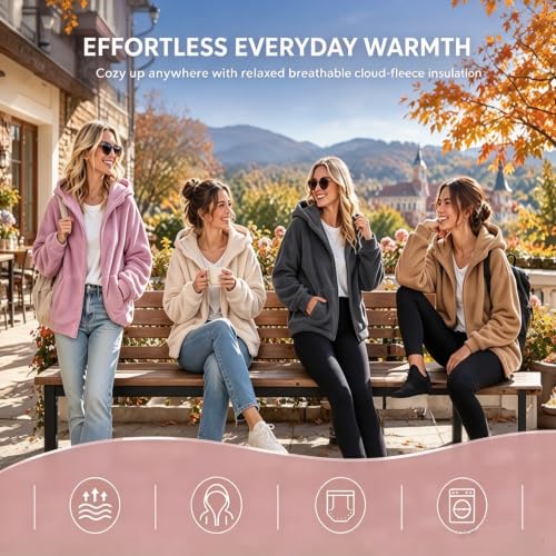 Sherpa Fleece Jacket Women Casual Warm Cozy Full Zip Hooded Coats Coffee - image 4
