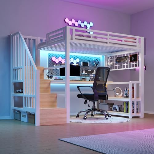 Lubvtti Letto a soppalco con luce LED e porta USB 90x200 cm,Letto singolo con struttura in ferro con scrivania e Griglia sospesa,Con scale portaoggetti e ripiani portaoggetti,Bianco(Senza materasso)