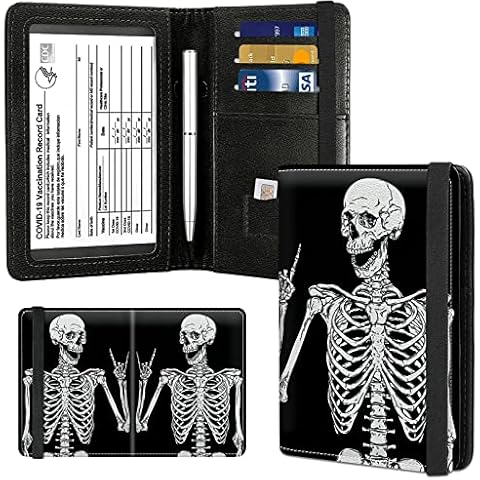 Passport Case and CDC Vaccine Card Holder Combo, Leather Wallet RFID Blocking Elastic Strap Passport Holder with Credit Card Slots, Travel Organizer Document Plus a Pen, Skull Skeleton, Modern Cover