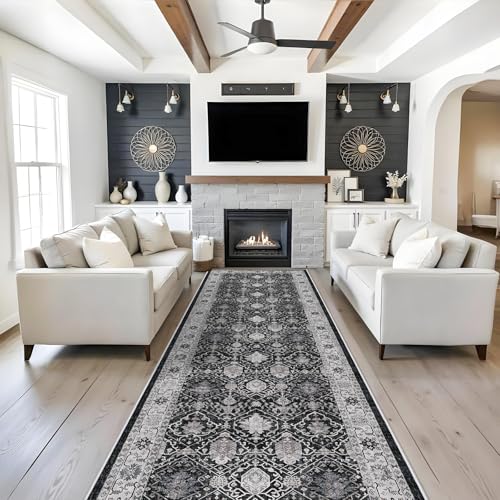 Washable 4x12 Hallway Runner Rug: Vintage Soft Carpet for Living Room Bedroom Stain Resistant Area Rug with Non-Slip Backing for Entryway Kitchen Thin Floor Mat for Bathroom Dining Room(Black,4x12)
