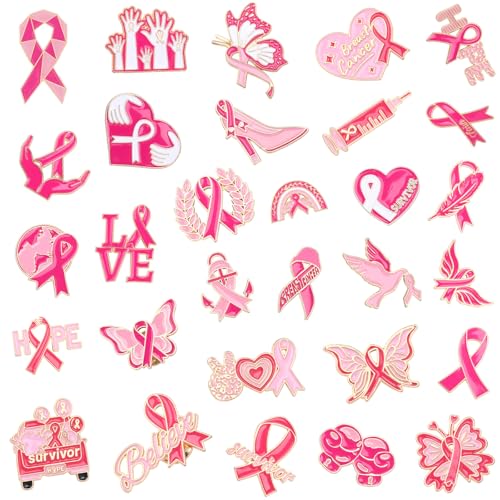 SANNIX 60Pcs Breast Cancer Pins, Breast Cancer Awareness Lapel Pins Pink Ribbon Brooch Badge Pins for Breast Cancer Survivor Month Charity Event, 30 Styles