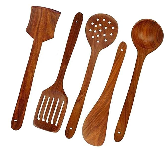 Image of Wooden Kitchen Utensil Set with Holder | 7 Piece Teak Wood Cooking Tools Set with Spoons & Spatulas | Non Stick Safe Kitchen Accessories for Cooking, Serving & Baking