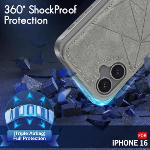 Image of amazon basics Premium Vegan Leather Back Cover with Card Holder and Integrated Mobile Stand for iPhone 16 - Slim Shockproof Wallet Case with Geometric Stitching [Gray]