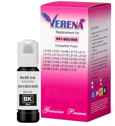 Image of VERENA 003 Black Refill Ink for Epson L3110, L3150, L3250, L3252, L3115, L3116, L3101, L3210, L3215, L3216, L3151, L3152, L3156, L5190 Printer (Pack of 1)