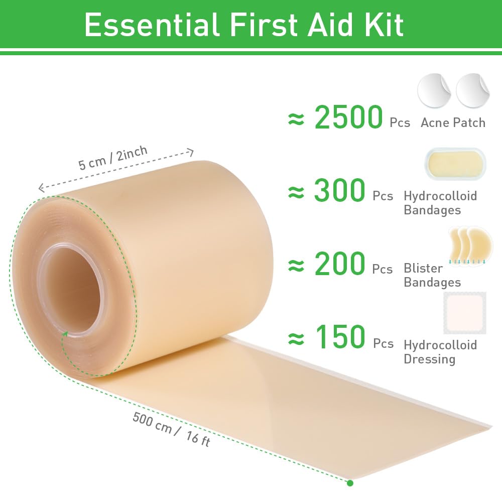 Hydrocolloid Roll,Cerotti Idrocolloidali Idrocolloide Rotolo Autoadesivi e Traspirante Nastro Idrocolloidale Rotolo Impermeabili (verde, 5x500cm)