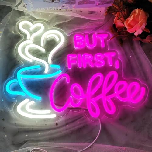 Image of But First Coffee Neon Sign Large 5V USB Powered Acrylic Neon Lights with Dimmable Switch and Hanging Chain for Coffee Cafe Bar Party Living Room Sign Gifts 14 * 11.3inch(Pink)
