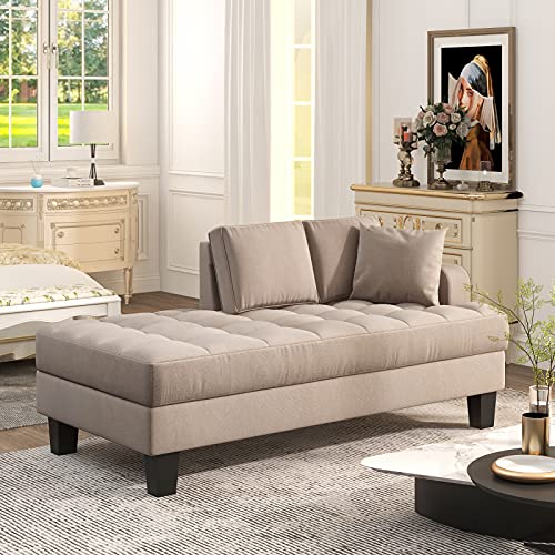 MeiBoAll Chaise Lounges Sofa Left Arm Facing Lounger Chair, 64in Upholstered Linen Textured Fabric Chaise Lounge with Toss Pillow for Living Room Bedroom Compact Space,Warm Grey