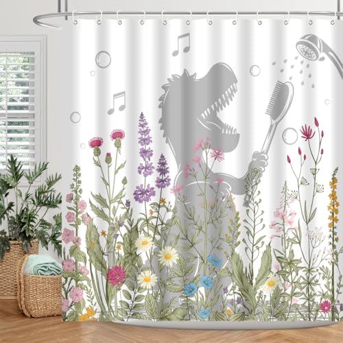 Image of Dinosaur Shower Curtain Funny Dino Sing Bathe Behind Wildflowers Trex Silhouette Shadow for Kids Bathroom Home Decor Waterproof Polyester Fabric 72Lx72W Inch with Hooks