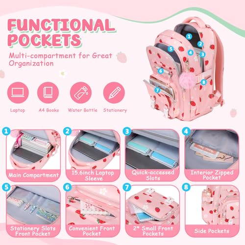 ASKSKY Girls Backpack for School, Kawaii Bookbag for Teen Multiple Pockets School Bag for Primary Elementary Middle School,Age 6-14, Pink Strawberry by ASKSKY - Used condition - Image 4