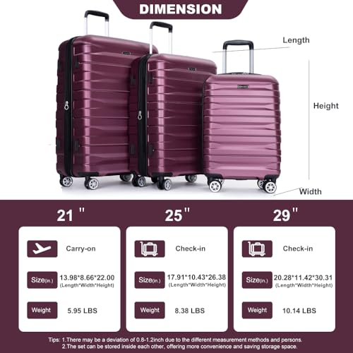 3 Piece Luggage Sets PC Lightweight & Durable Expandable Suitcase with Two Hooks, Double Spinner Wheels, TSA Lock, (21/25/29) Wine Red2
